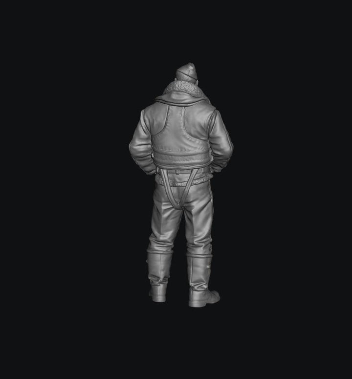 Unpainted grey 3D resin model of a WW2 RAF bomber crew member in a flight jacket and gear, viewed from behind.