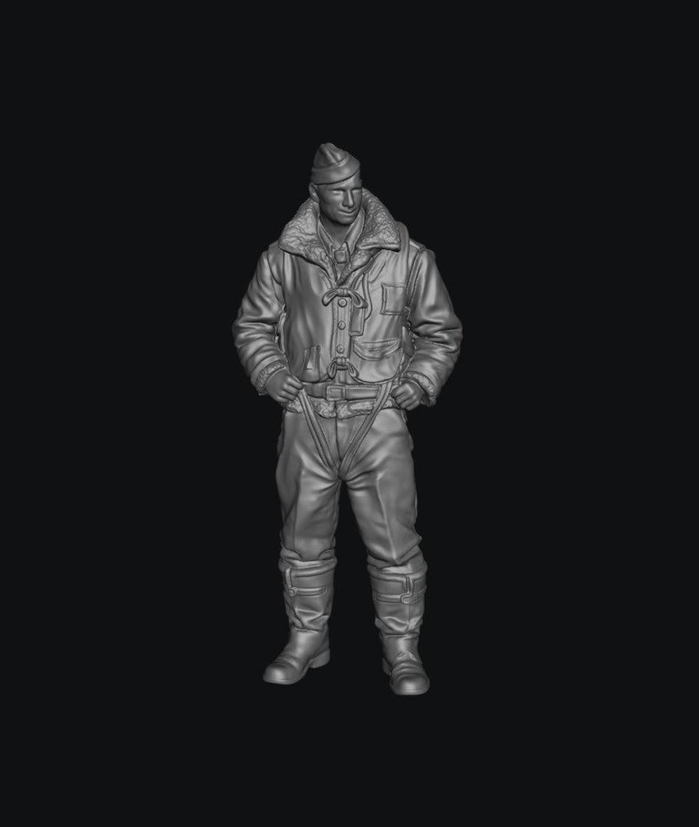 Unpainted 3D resin model of a WW2 RAF bomber crew member in a flight jacket, standing in a detailed grey finish.