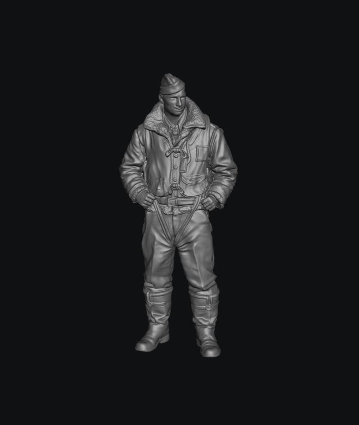 Unpainted 3D resin model of a WW2 RAF bomber crew member in a flight jacket, standing in a detailed grey finish.
