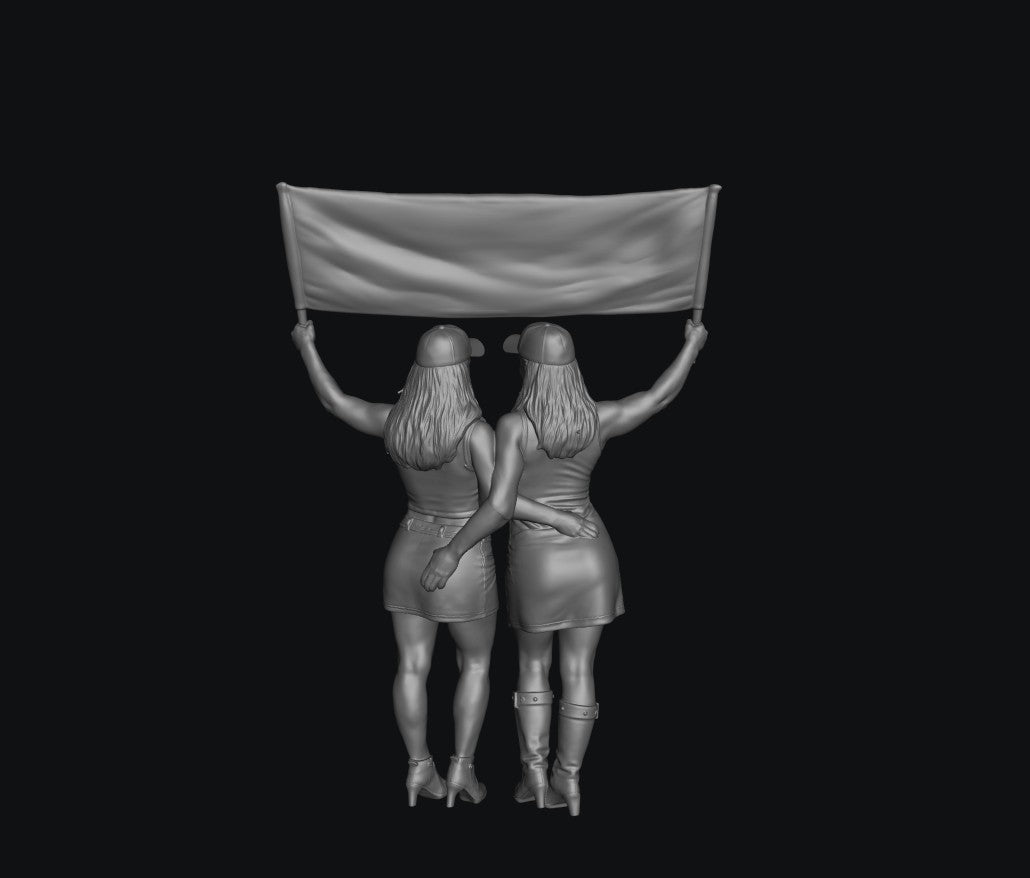 Painted-001 - Race Day Spectator - Two Women Holding Huge Banner