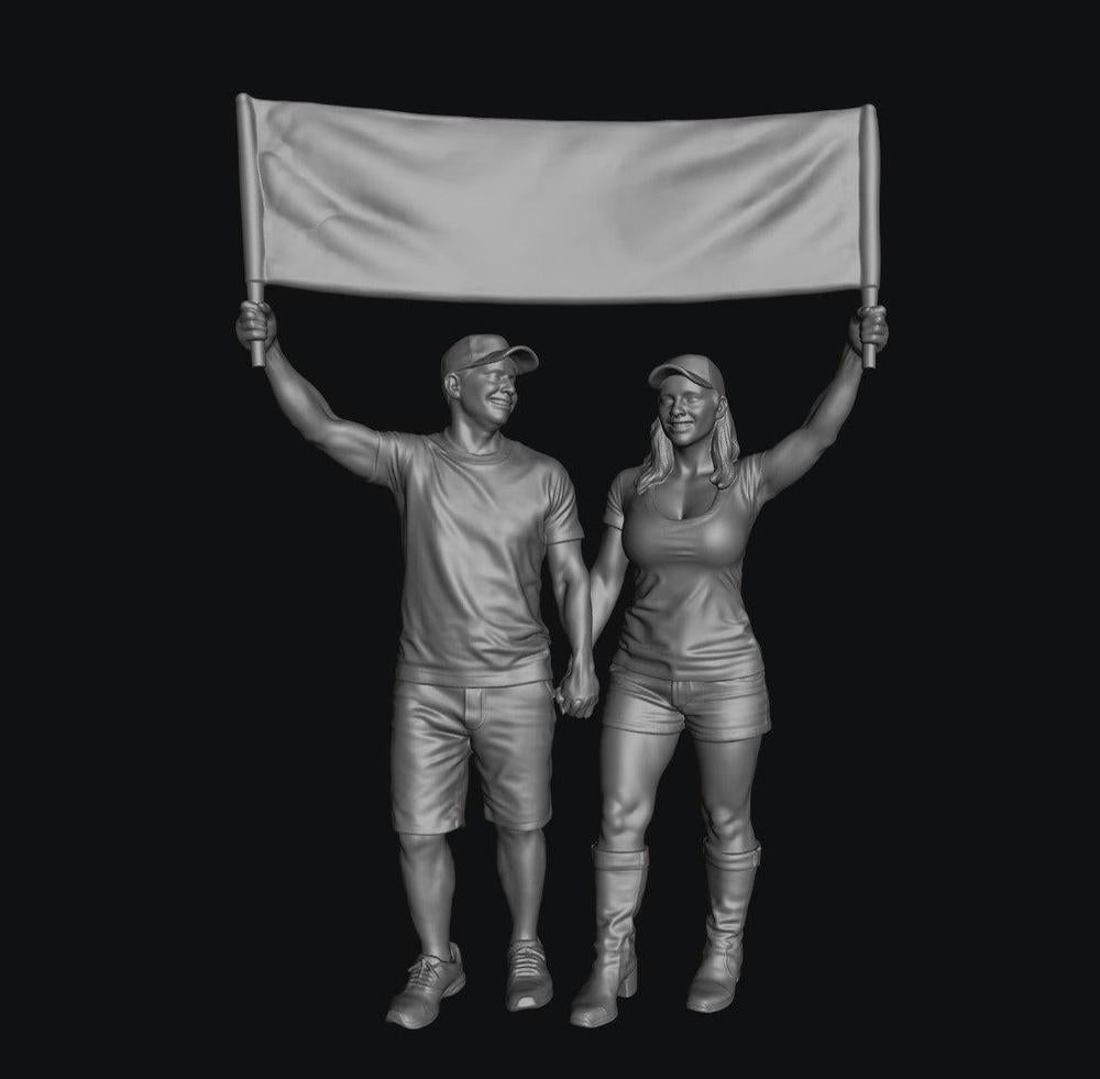 WOSC002 - Race Day Spectator - Couple Holding Huge Banner