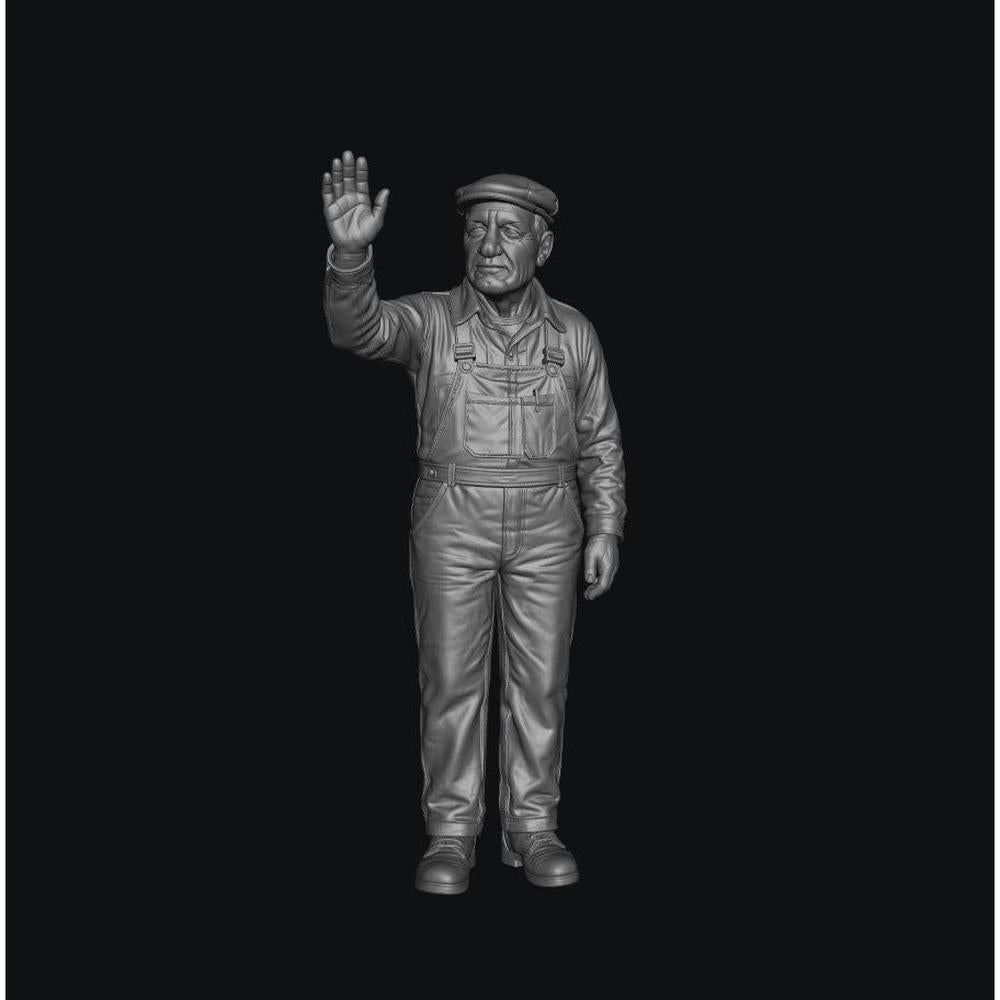 Unpainted grey resin 3D model of a standing narrow gauge locomotive driver wearing overalls and a flat cap.