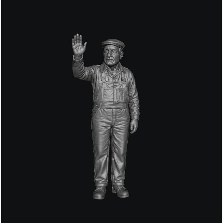Unpainted grey resin 3D model of a standing narrow gauge locomotive driver wearing overalls and a flat cap.