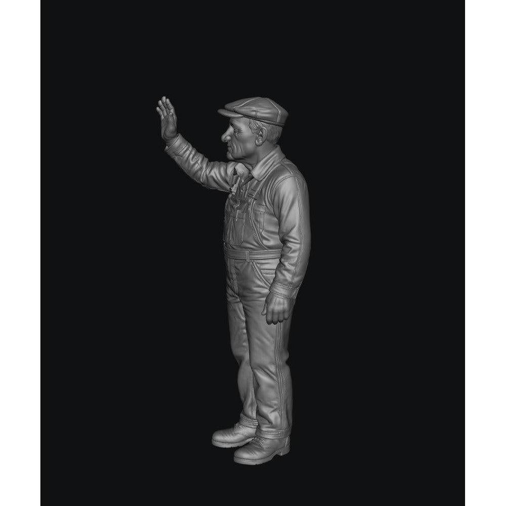 Grey 3D render of a standing narrow gauge locomotive driver figure wearing a cap and overalls with one hand raised.