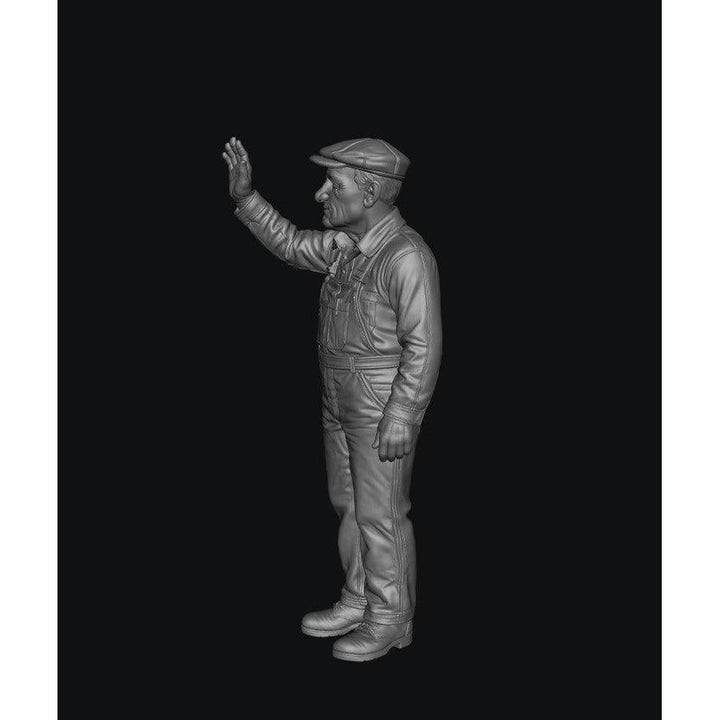 Grey 3D render of a standing narrow gauge locomotive driver figure wearing a cap and overalls with one hand raised.