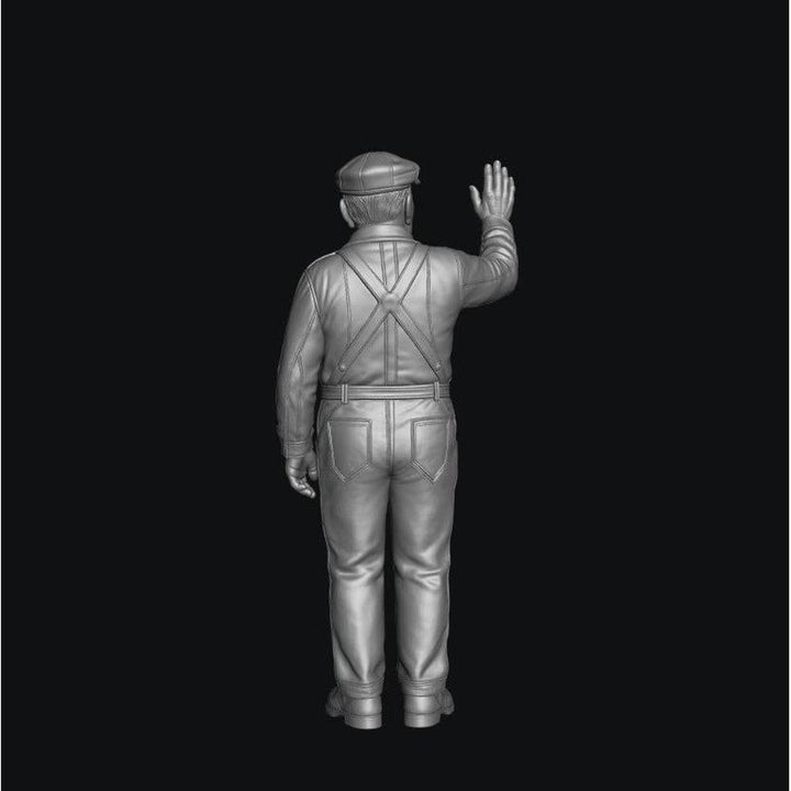 Grey 3D render of a standing narrow gauge locomotive driver figure wearing a cap and overalls with a raised hand.
