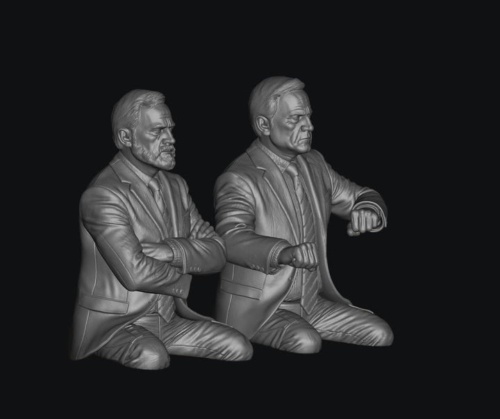 3D render of two unpainted grey resin model figures of late BR train crew members in suits, seated in a control cab.