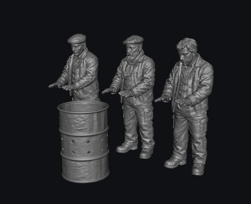 SW9023 3 Work Men Warming Beside a Fire