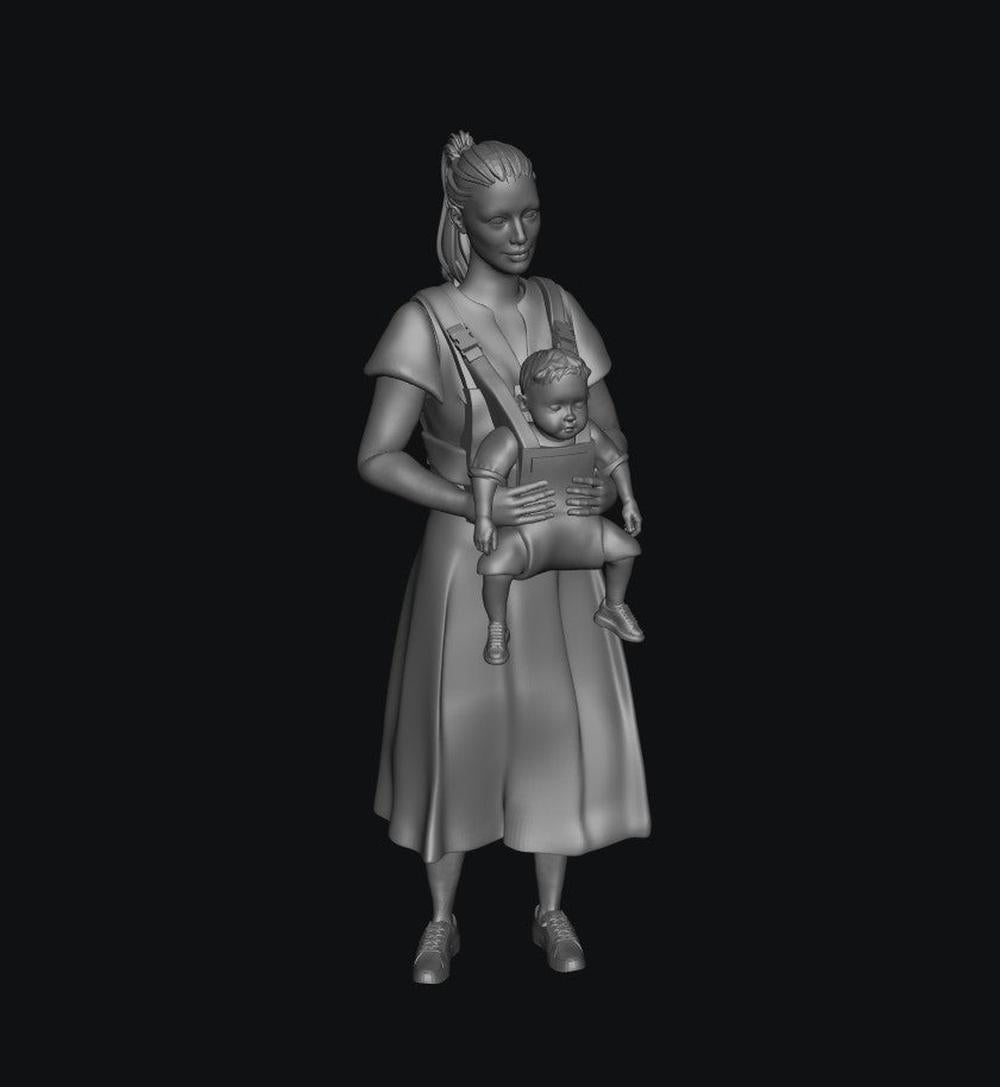 Grey 3D render of a woman in a dress carrying a baby in a front-facing carrier, unpainted scale model figure.