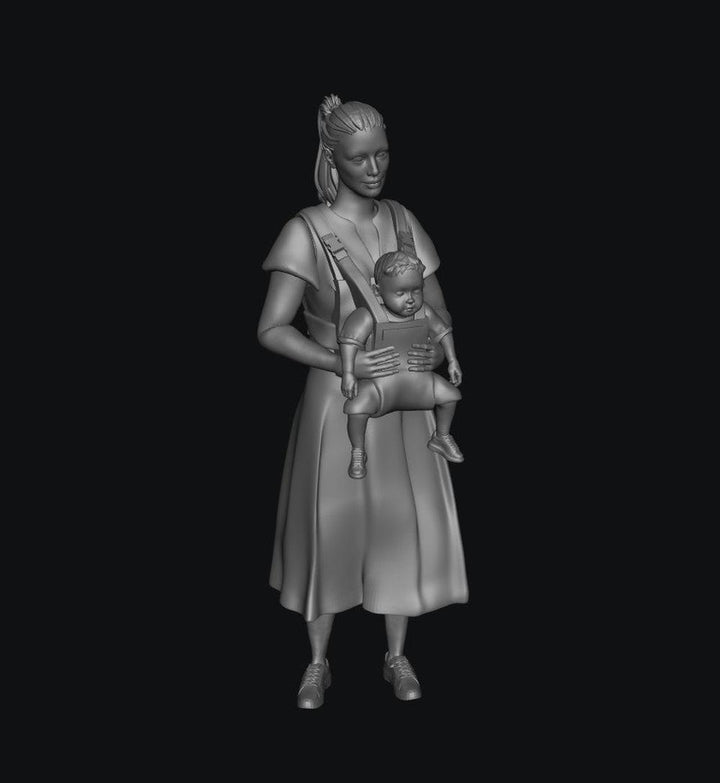Grey 3D render of a woman in a dress carrying a baby in a front-facing carrier, unpainted scale model figure.