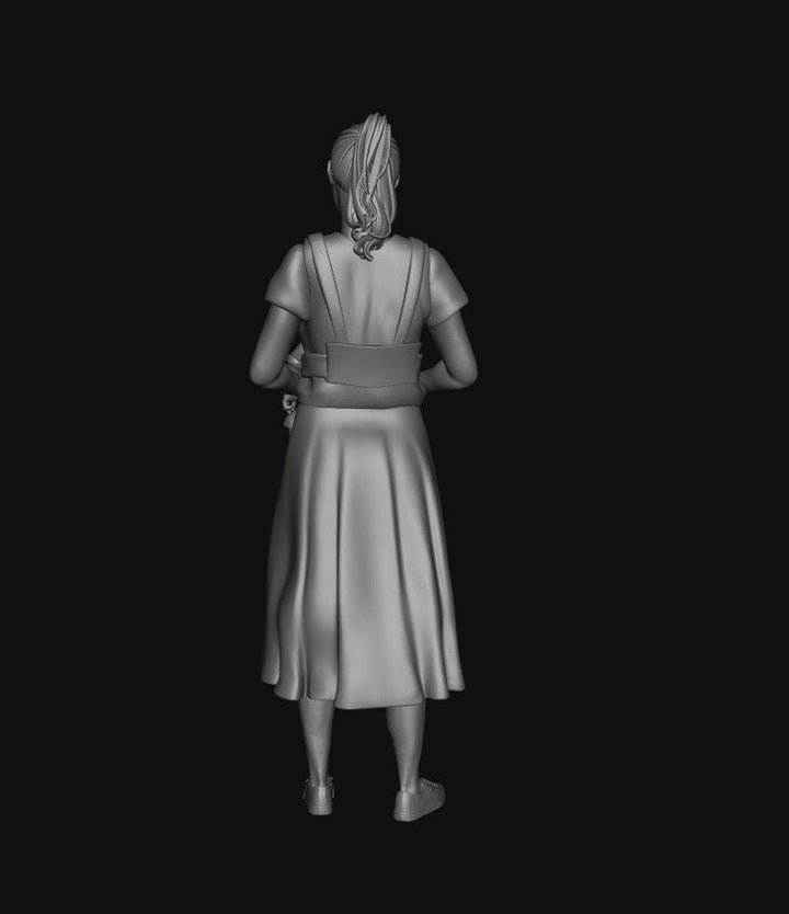 Grey 3D render of a woman in a dress and ponytail carrying a baby in a front carrier, back view.