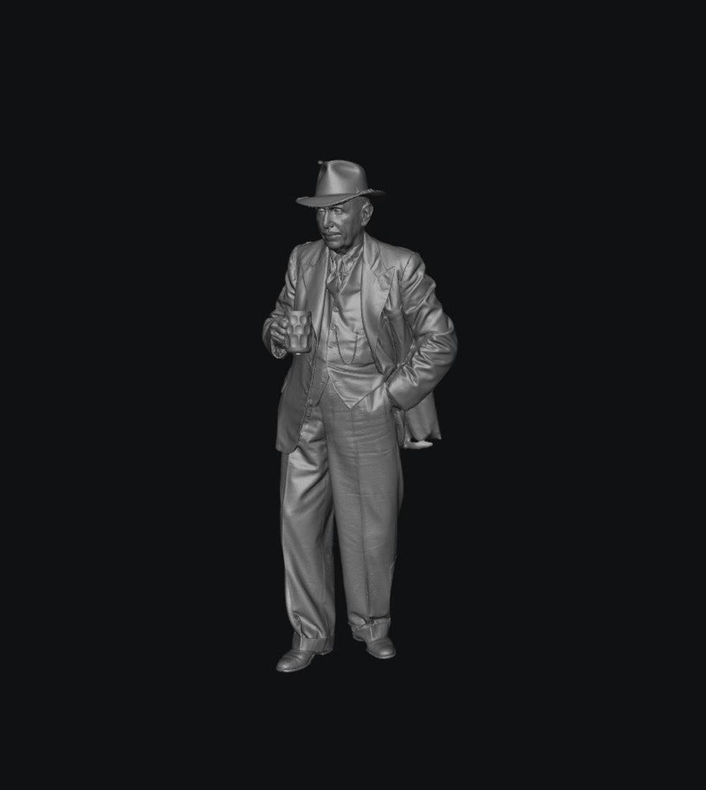 3D render of a grey resin scale model of a 1940s man in a suit and fedora holding a beer mug.