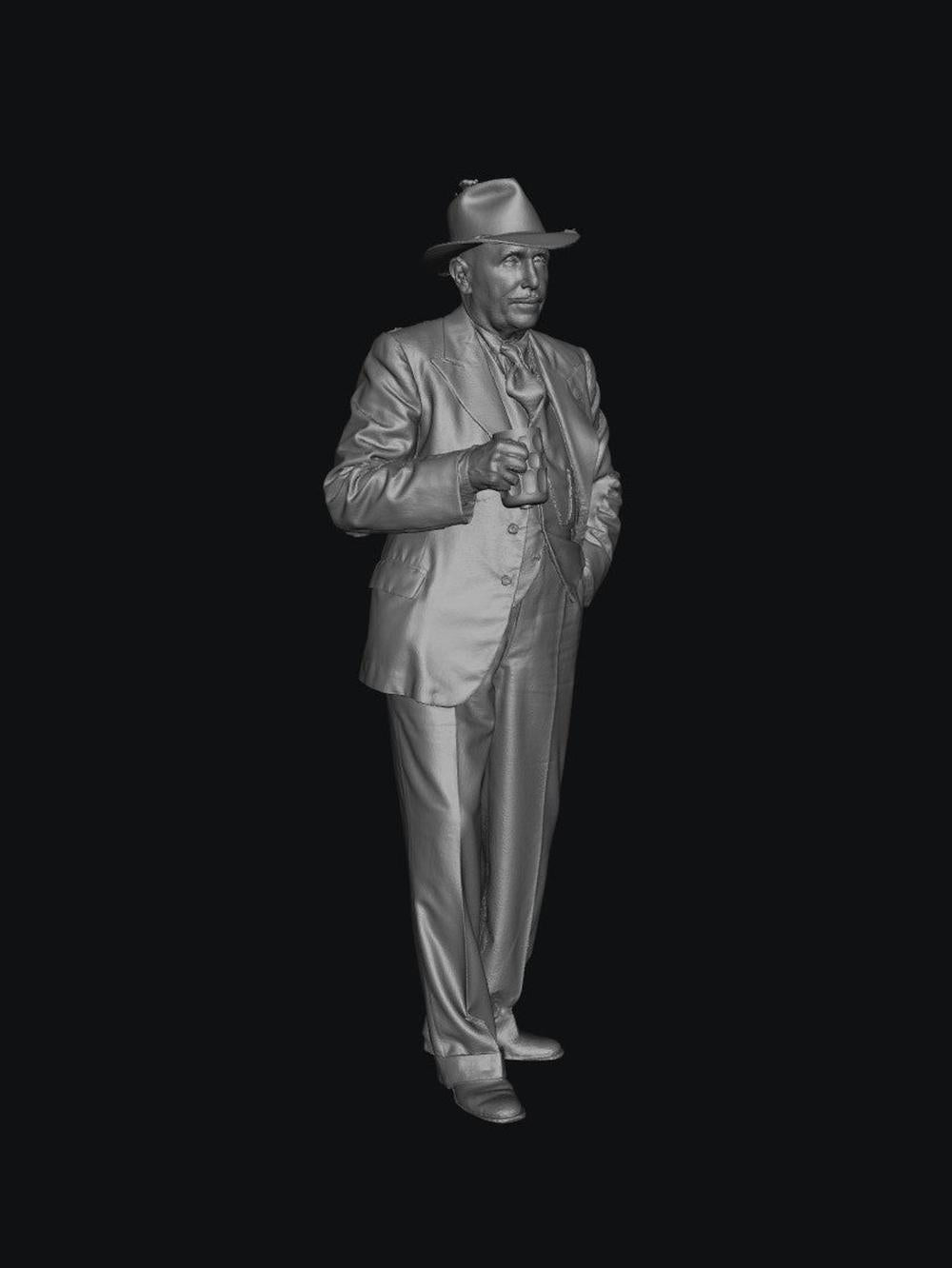 3D render of a 1940s man in a suit and fedora holding a beer mug, grey unpainted scale model figure.