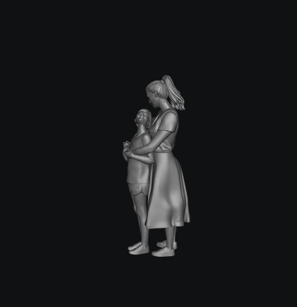 3D render of an unpainted grey resin scale model featuring a mother hugging her young daughter in casual clothing.
