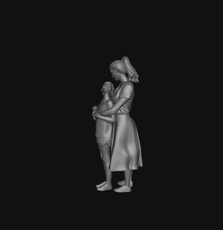 3D render of an unpainted grey resin scale model featuring a mother hugging her young daughter in casual clothing.