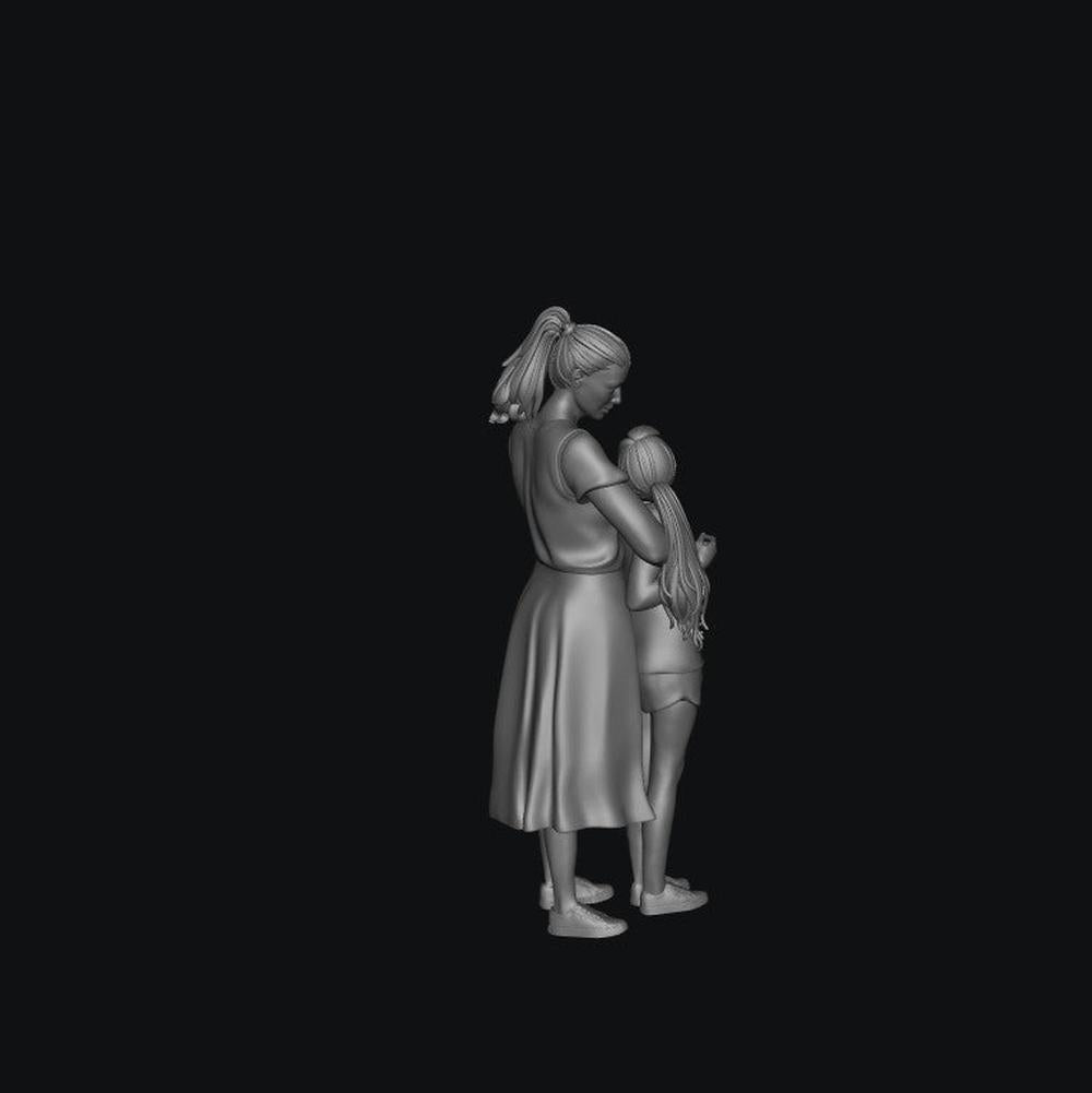 3D render of an unpainted grey resin scale model of a mother and daughter standing together in casual clothing.