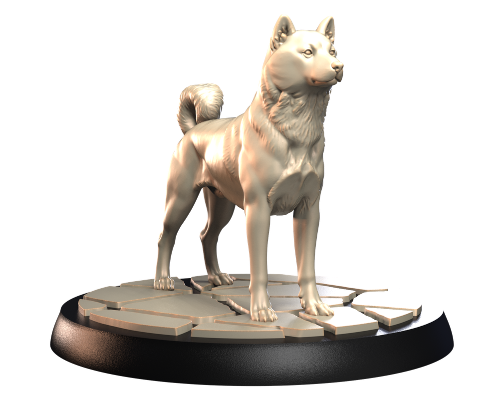 Unpainted 3D printed Shiba Inu miniature standing on a circular stone-effect base, ideal for dioramas and wargaming.