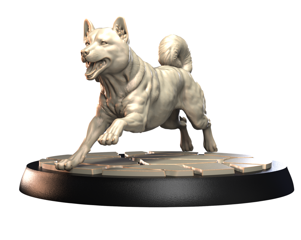 Unpainted 3D printed resin Shiba Inu miniature in a running pose on a circular cracked stone diorama base.