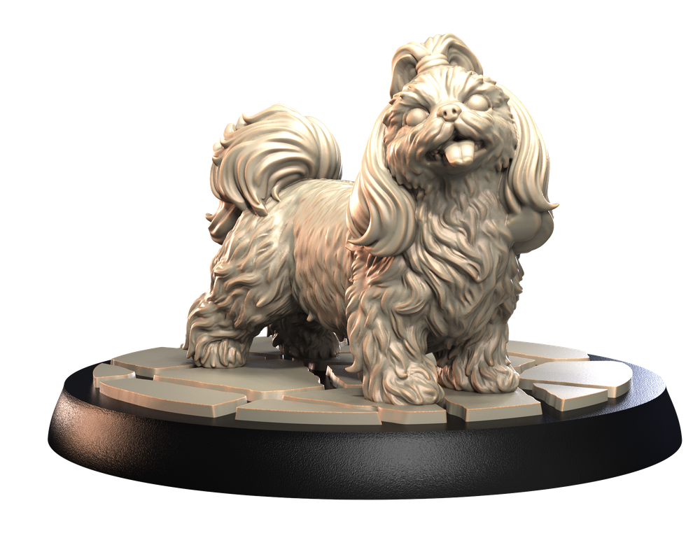 Unpainted 3D printed Shih Tzu miniature with detailed fur texture, standing on a stone-effect base for dioramas.