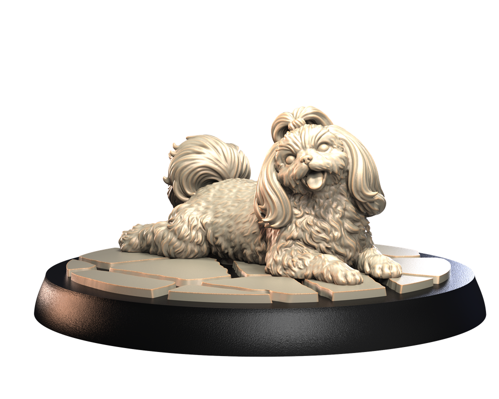 Unpainted 3D printed resin Shih Tzu miniature lying on a stone-textured base, perfect for dioramas and hobbyists.