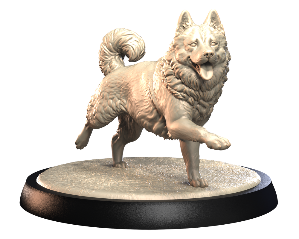 Unpainted 3D printed resin miniature of a Siberian Husky in a running pose, mounted on a round black display base.