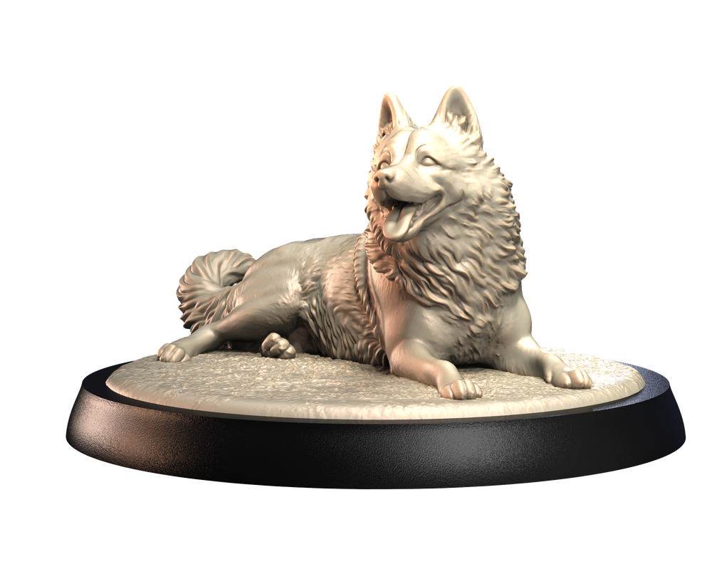 Unpainted 3D printed resin Siberian Husky miniature in a lying pose on a round black display base.