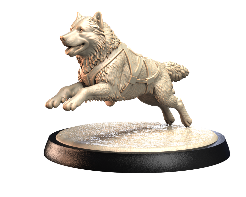 Unpainted 3D printed resin miniature of a Siberian Husky sled dog in a running pose on a round display base.