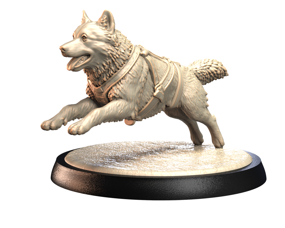 Unpainted 3D printed resin miniature of a Siberian Husky in a sledding harness, mounted on a textured round base.