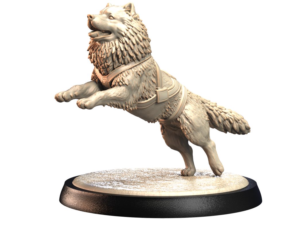 Unpainted 3D printed resin miniature of a Siberian Husky in a sledding harness, posed mid-leap on a circular base.