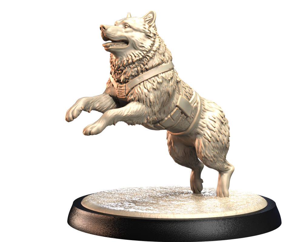 Unpainted 3D printed Siberian Husky sled dog miniature in a dynamic jumping pose on a textured circular base.