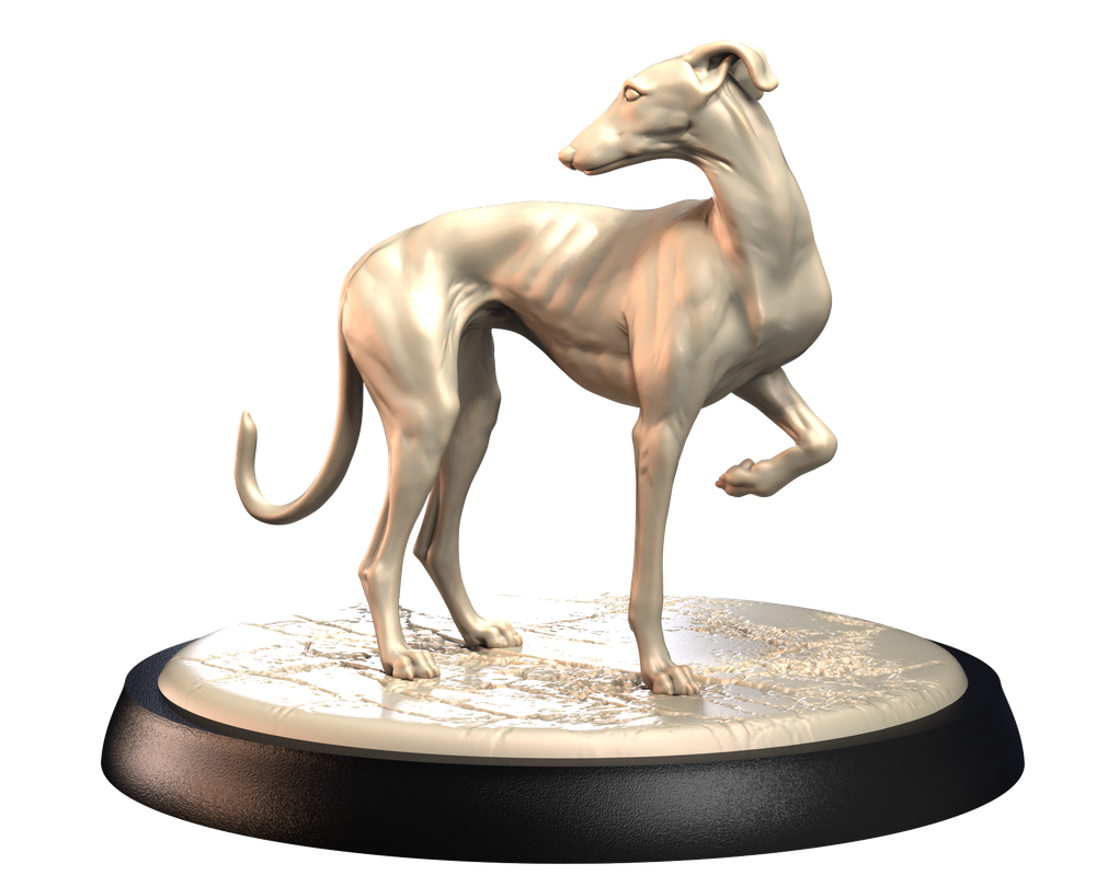 Unpainted 3D printed resin miniature of a Spanish Greyhound standing on a textured circular display base.