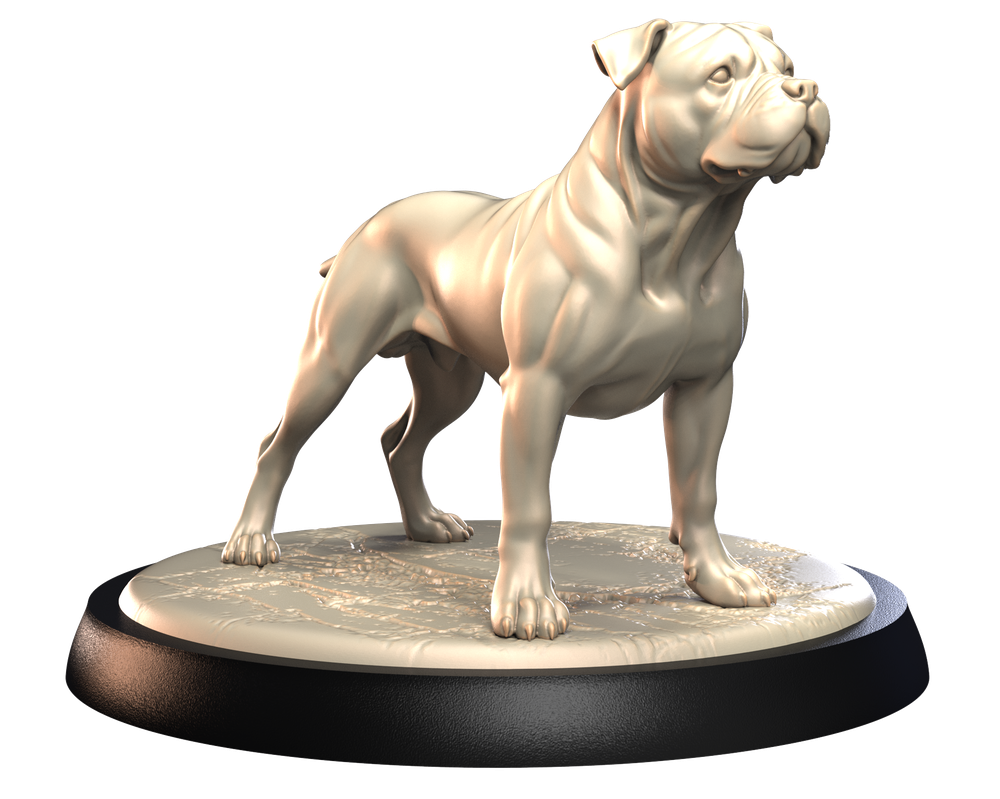 Unpainted 3D printed resin model of a Staffordshire Bull Terrier standing on a textured circular display base.
