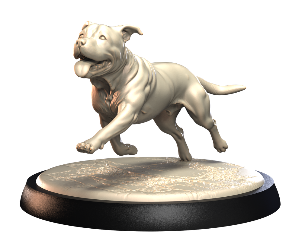 Unpainted 3D printed resin model of a Staffordshire Bull Terrier running on a textured circular display base.
