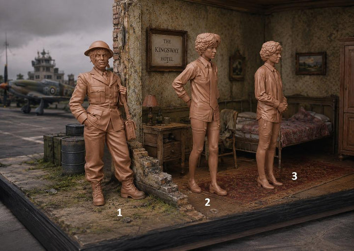 Model diorama of a hotel room with three figures and a vintage airplane outside.