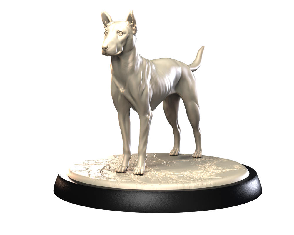 Unpainted 3D printed Thai Ridgeback dog miniature on a textured circular base for dioramas and hobbyists.