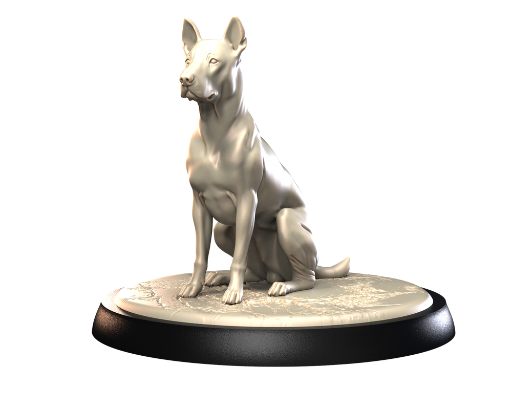 Unpainted 3D printed resin miniature of a seated Thai Ridgeback dog on a textured circular display base.