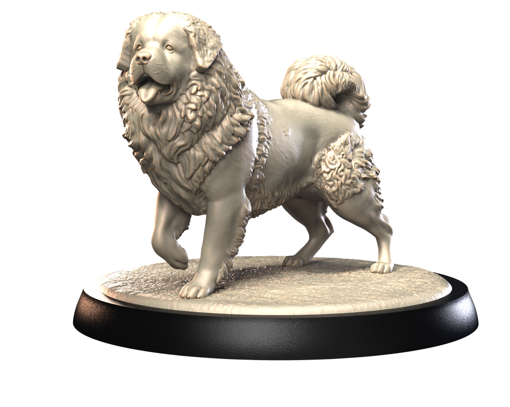 Unpainted 3D printed resin miniature of a Tibetan Mastiff dog standing on a circular display base.