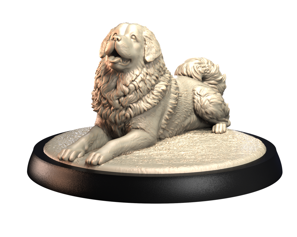 Unpainted 3D printed resin miniature of a Tibetan Mastiff dog lying down on a textured circular display base.
