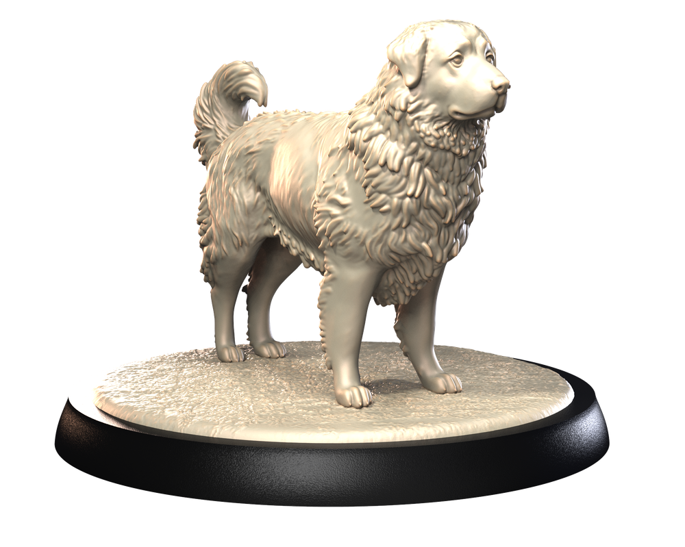 Unpainted 3D printed resin miniature of a Tornjak dog standing on a textured circular base for dioramas.