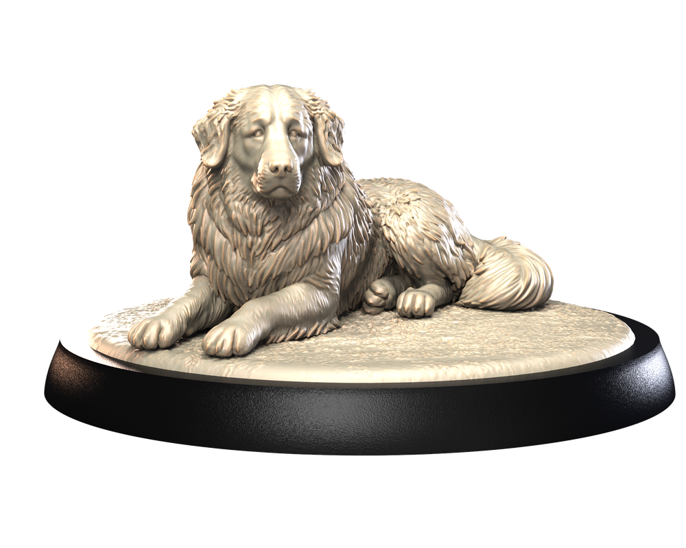 Unpainted 3D printed resin miniature of a Tornjak dog lying down on a textured circular base.