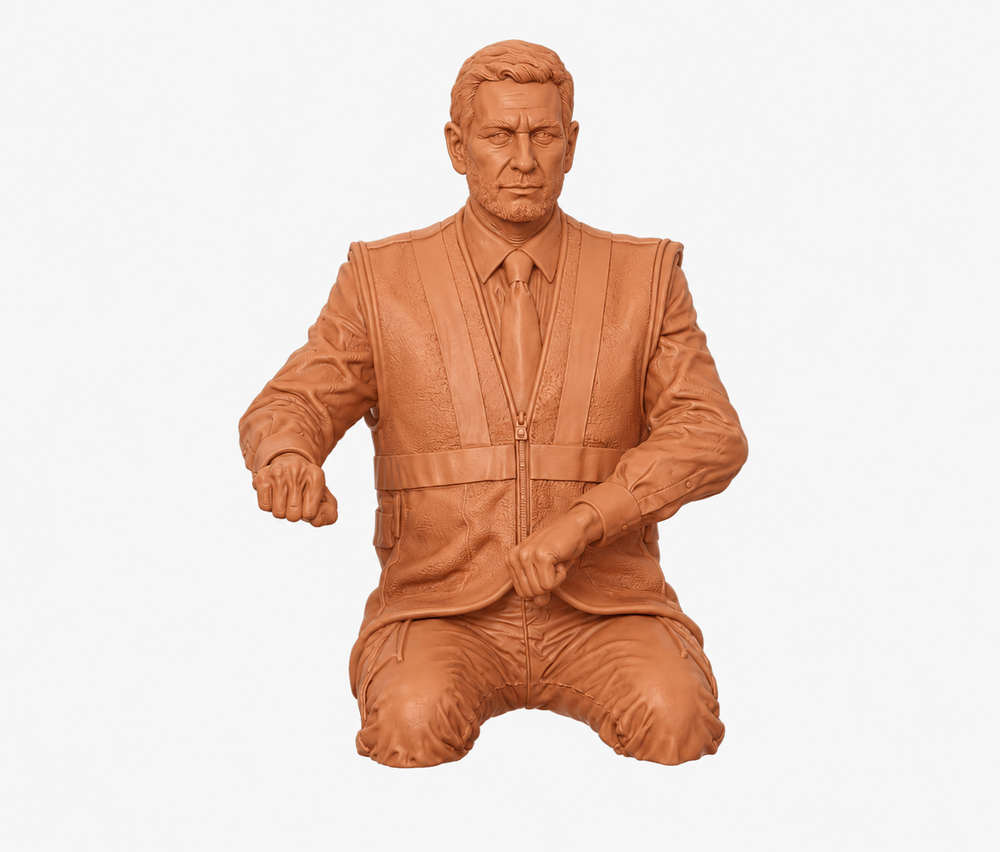 Unpainted terracotta resin scale model of a male train driver in a suit and high-visibility vest, legs cut at the knee.