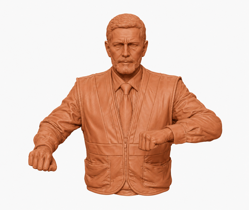 Unpainted terracotta resin model of a male train driver wearing a collared shirt, tie, and vest, shown from the waist up.