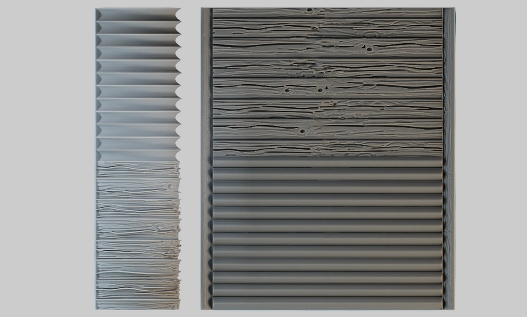 Two gray textured wall panels with horizontal ribbed and wood-grain-like patterns, displayed side by side against a solid blue background.