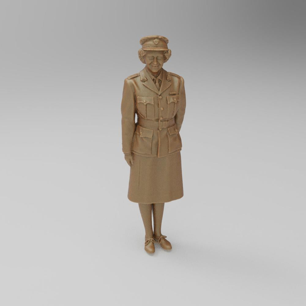 Unpainted 3D printed resin miniature of Princess Elizabeth in her 1945 ATS military uniform, terracotta clay color.