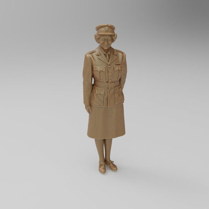 Unpainted 3D printed resin miniature of Princess Elizabeth in her 1945 ATS military uniform, terracotta clay color.