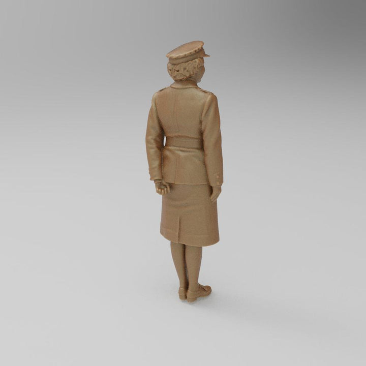 Unpainted terracotta resin 3D model of Princess Elizabeth in a 1945 ATS military uniform, viewed from behind.