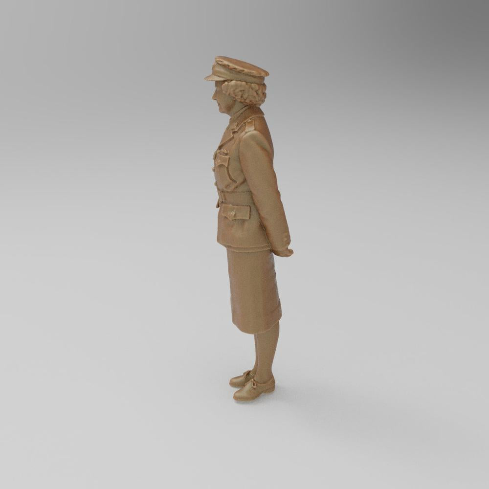 Unpainted terracotta resin 3D model of Princess Elizabeth in 1945 ATS military uniform standing in profile.