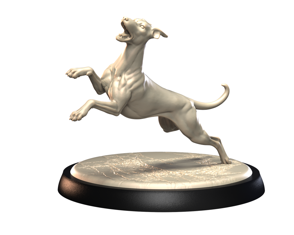 Unpainted 3D printed resin Whippet dog figurine in a leaping pose on a textured circular display base.