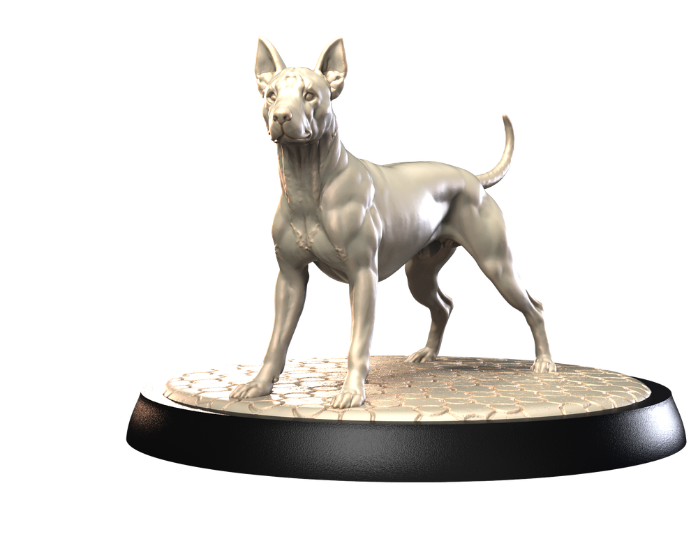 Unpainted 3D printed Xoloitzcuintli dog miniature standing on a textured cobblestone display base.