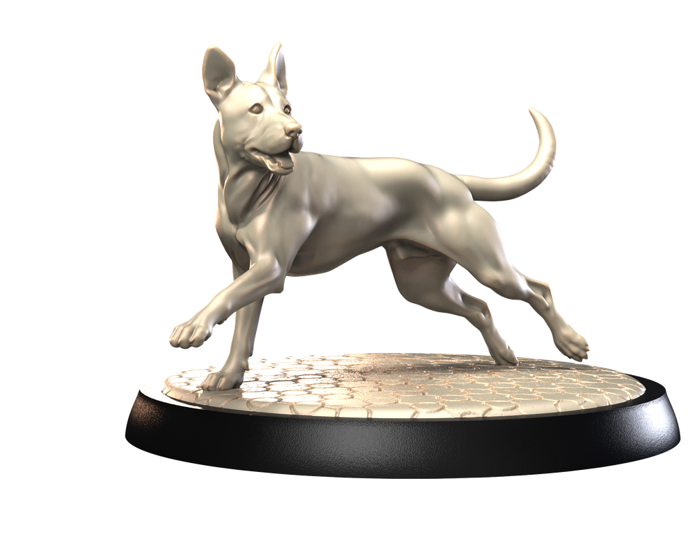 Unpainted 3D printed resin miniature of a Xoloitzcuintli dog standing on a textured cobblestone display base.